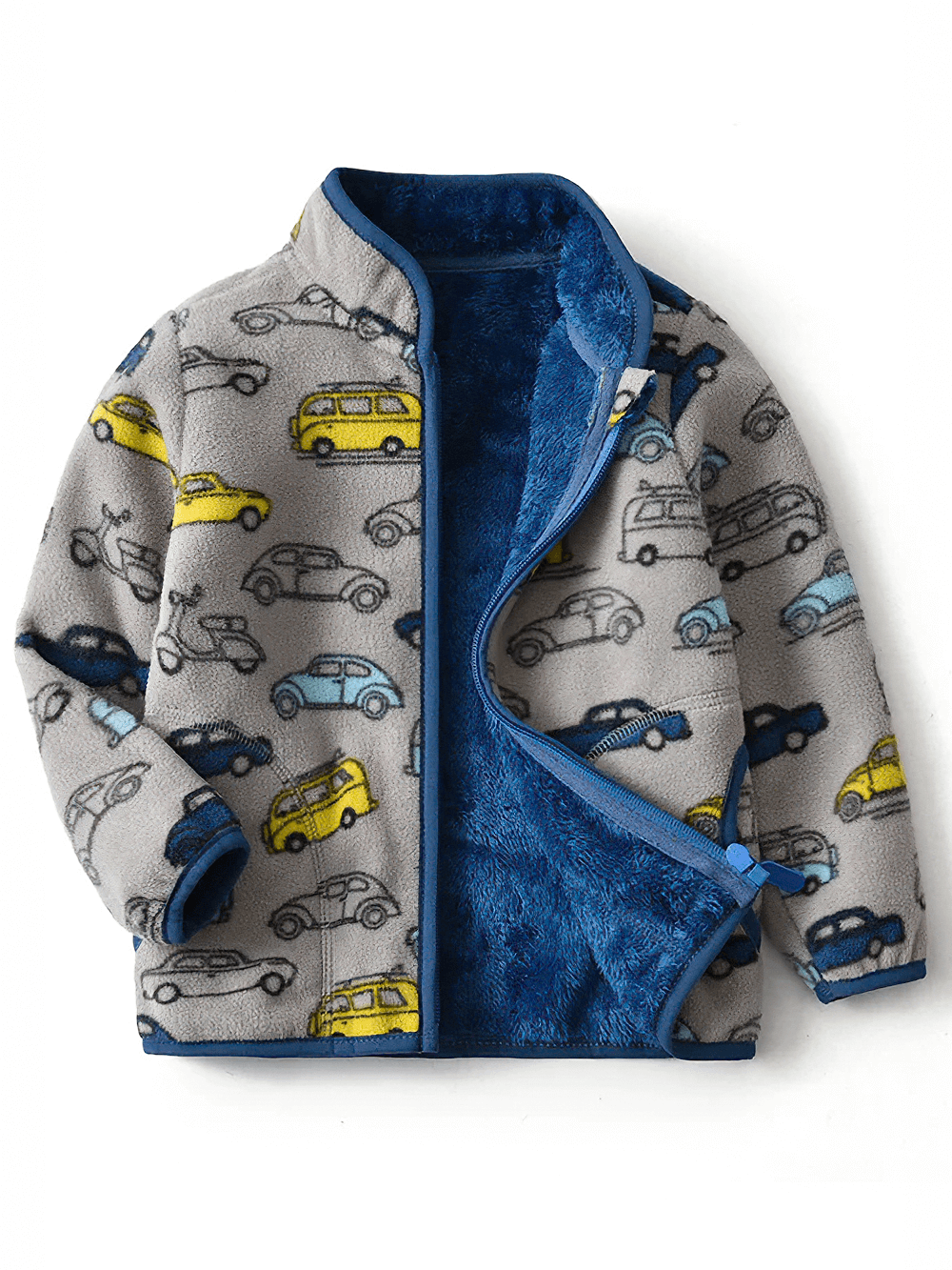 Warm Fleece Zipper Jacket for Boys and Girls - SF3528 with car print, open view of soft plush interior and cozy design for winter wear.