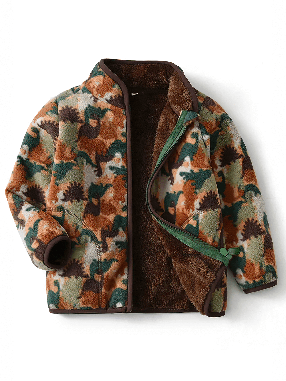 Warm Fleece Zipper Jacket for Boys and Girls - SF3528 with dinosaur print, zipper closure, and plush brown interior for winter warmth.