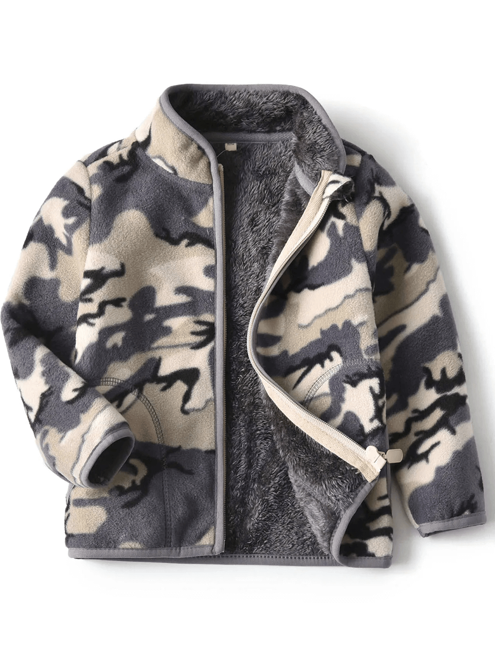 Warm Fleece Zipper Jacket for Boys and Girls - SF3528 in camo style, thick plush interior, perfect for winter and outdoor play.
