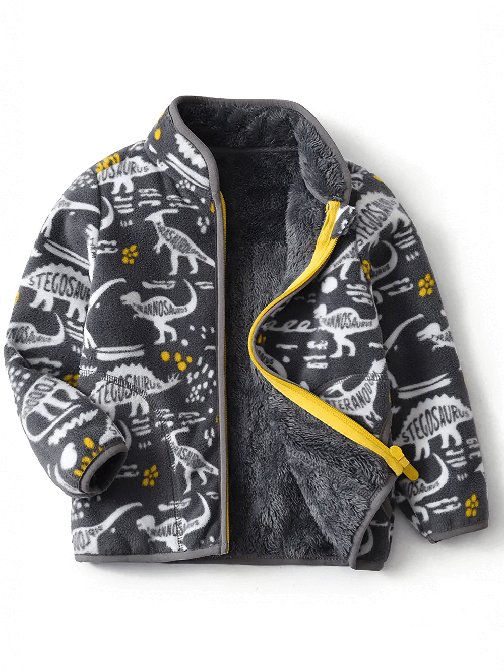 Warm Fleece Zipper Jacket for Boys and Girls - SF3528 in dinosaur print, open view showing plush interior