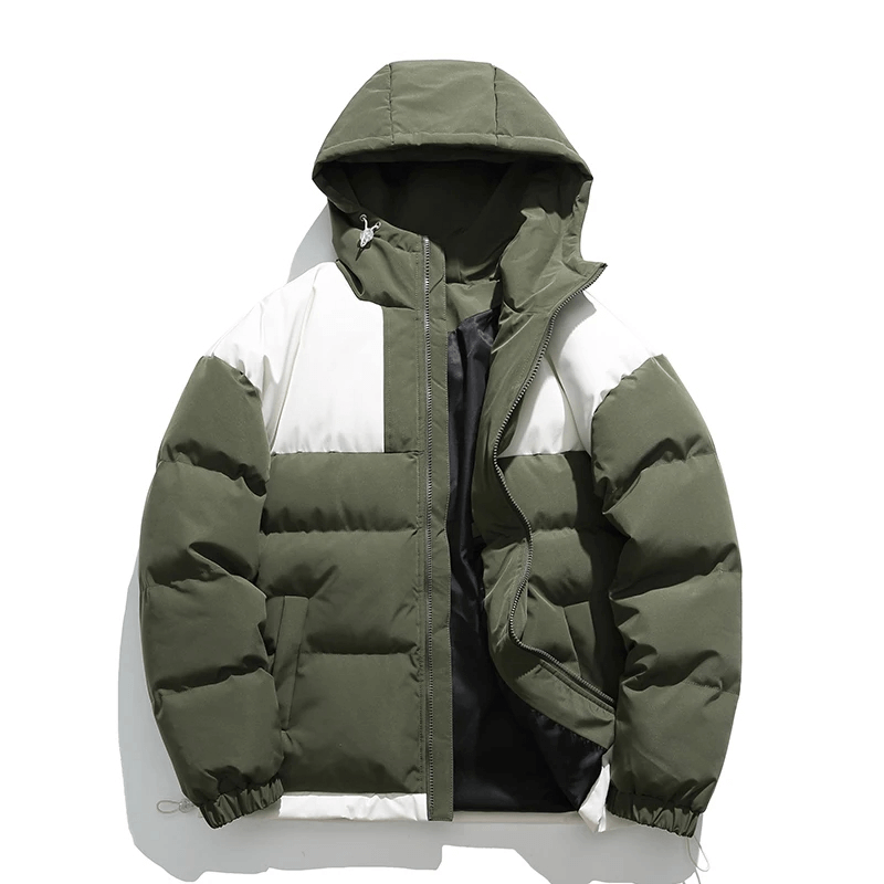 Trendy men's green and white hooded zipper jacket with patchwork detailing, perfect for staying warm and stylish this winter.