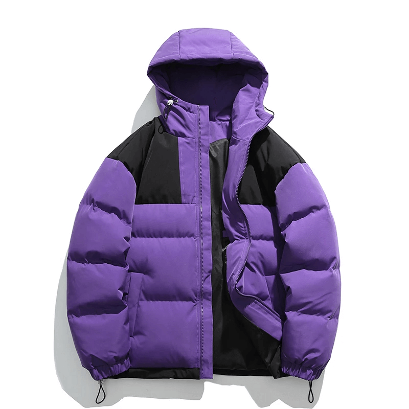 Trendy men's warm hooded puffer jacket with patchwork detailing, purple and black design, perfect for winter warmth - SF2117.