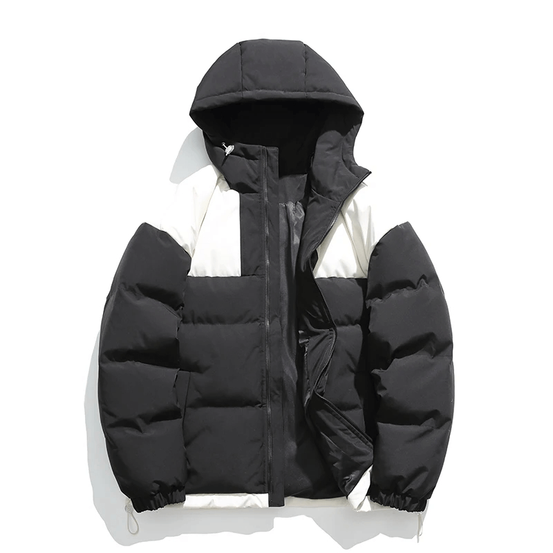 Trendy men's warm hooded puffer jacket with patchwork design, SF2117. Black with white accents for stylish winter wear.