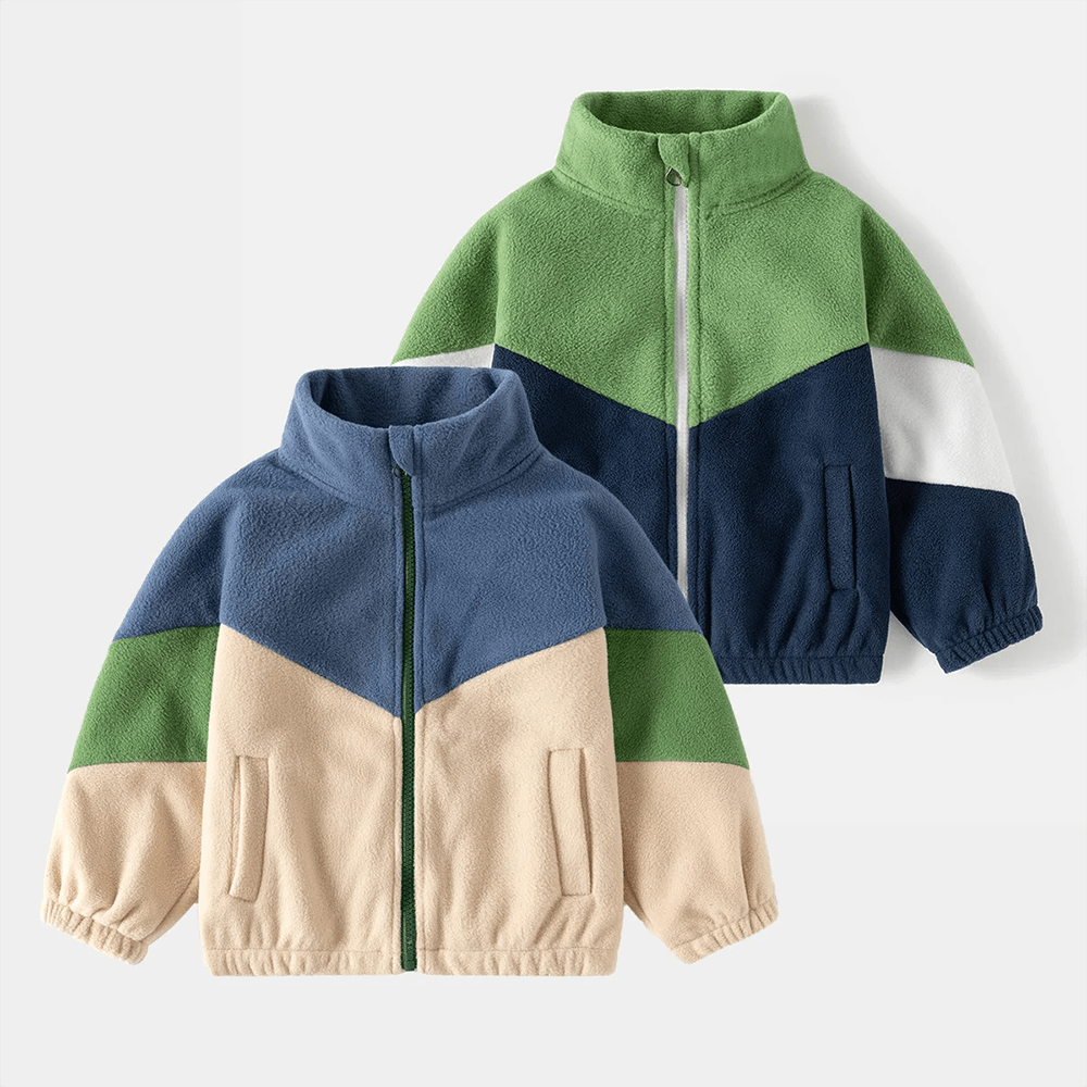 Warm kids' colorblock fleece zip jackets in green, navy, and beige, perfect for cozy autumn and winter outdoor play.