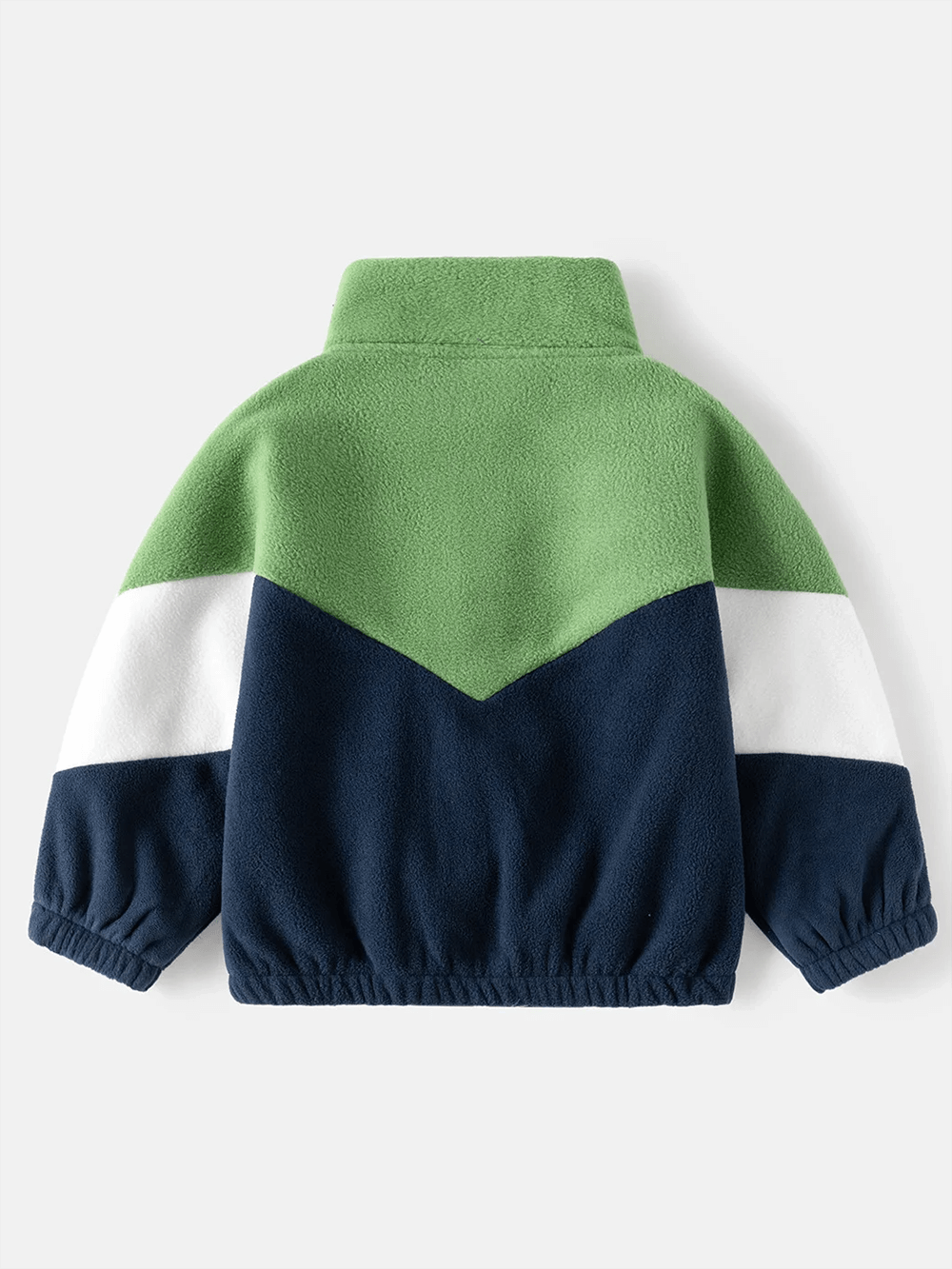 Back view of Warm Kids' Fleece Colorblock Zip Jacket in green, white, and navy blue, cozy outerwear for boys and girls.