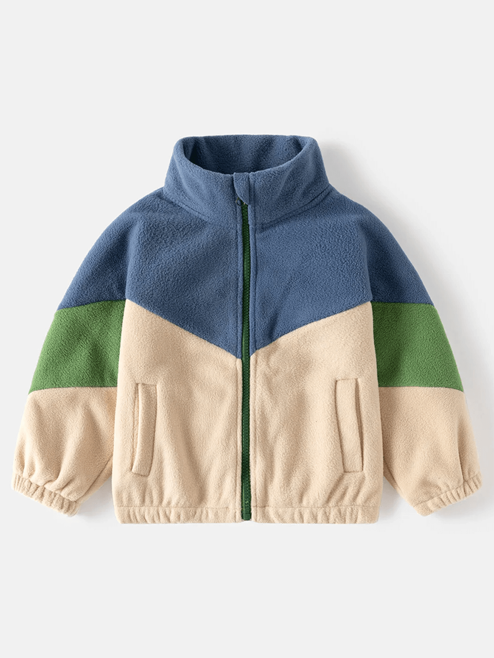 Warm Kids' Fleece Colorblock Zip Jacket - SF3108 in blue, green, and beige for cozy autumn and winter wear. Perfect for school or playtime.