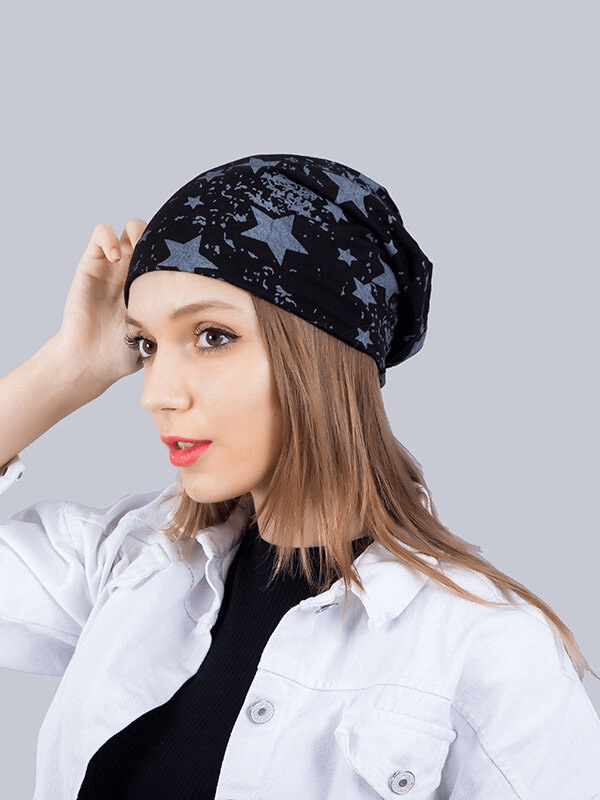 Unisex cotton beanie with star pattern, perfect for all seasons and sporting a stylish look.