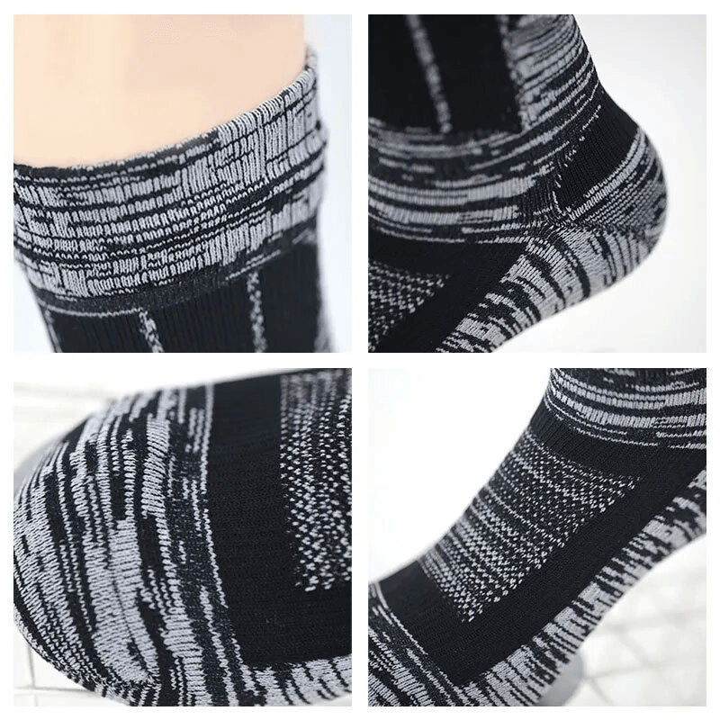 Close-up of warm waterproof high socks, showcasing breathable cotton and knee-high design for camping or hiking.