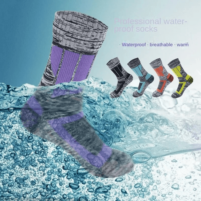 Colorful waterproof high socks floating over splashing water, showcasing their waterproof, breathable, and warm features for versatile use.