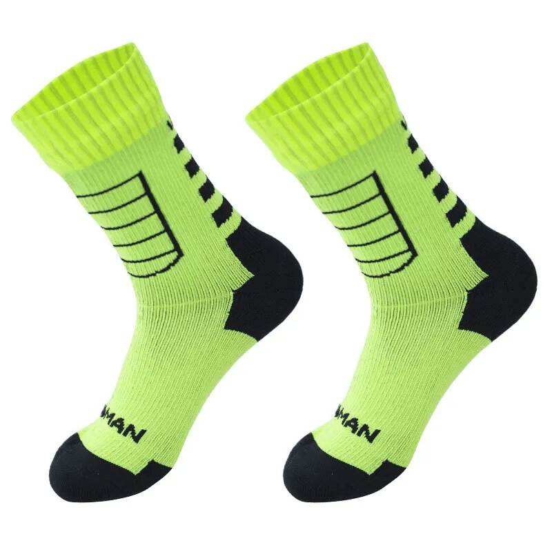 Bright green waterproof high socks with black accents, ideal for hiking and camping. Unisex, breathable, anti-bacterial, knee-high design.