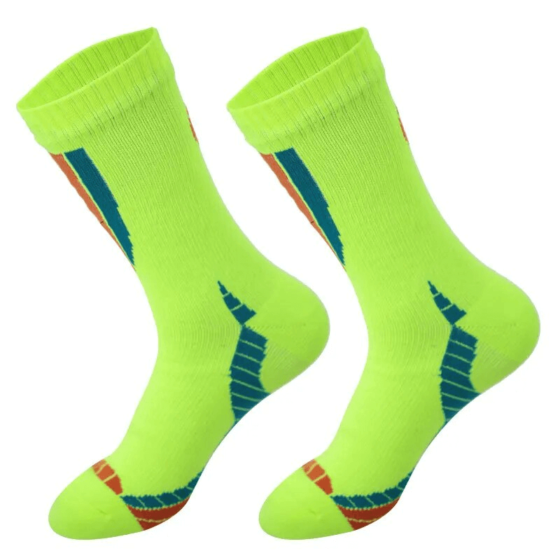 Neon green waterproof high socks for hiking and camping, featuring breathable cotton and anti-bacterial properties.