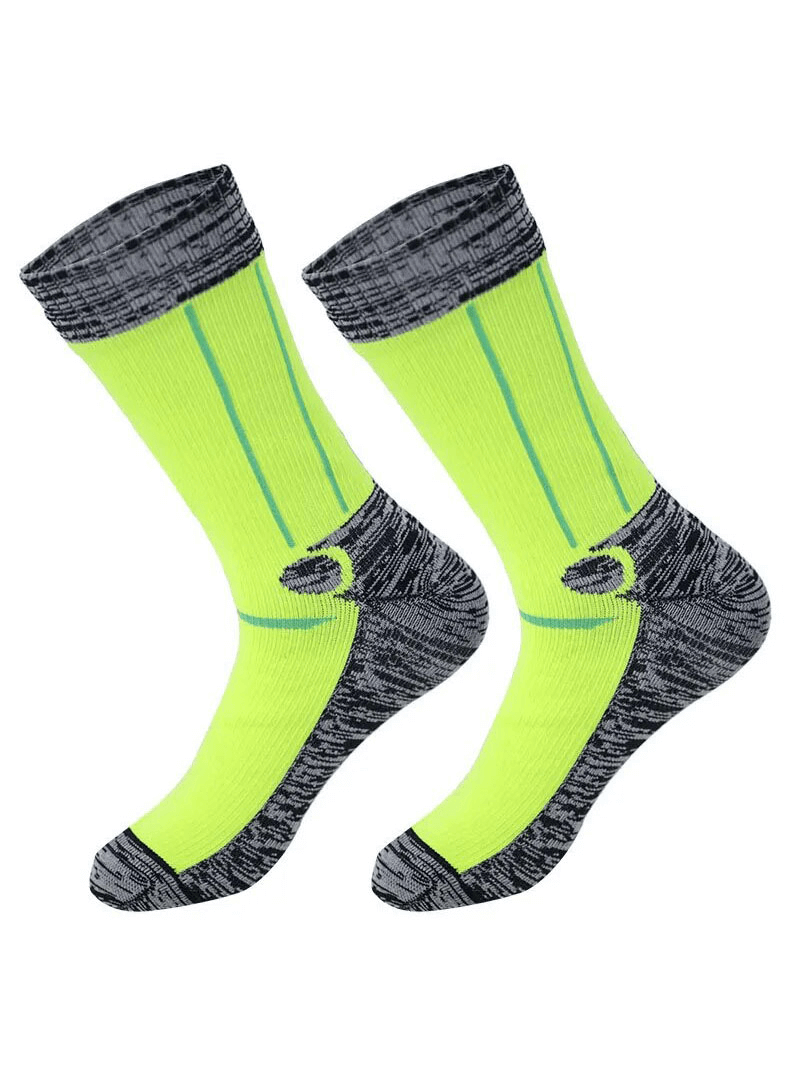 Bright green and gray waterproof high socks for men and women, knee-high design with breathable cotton, great for hiking and camping.