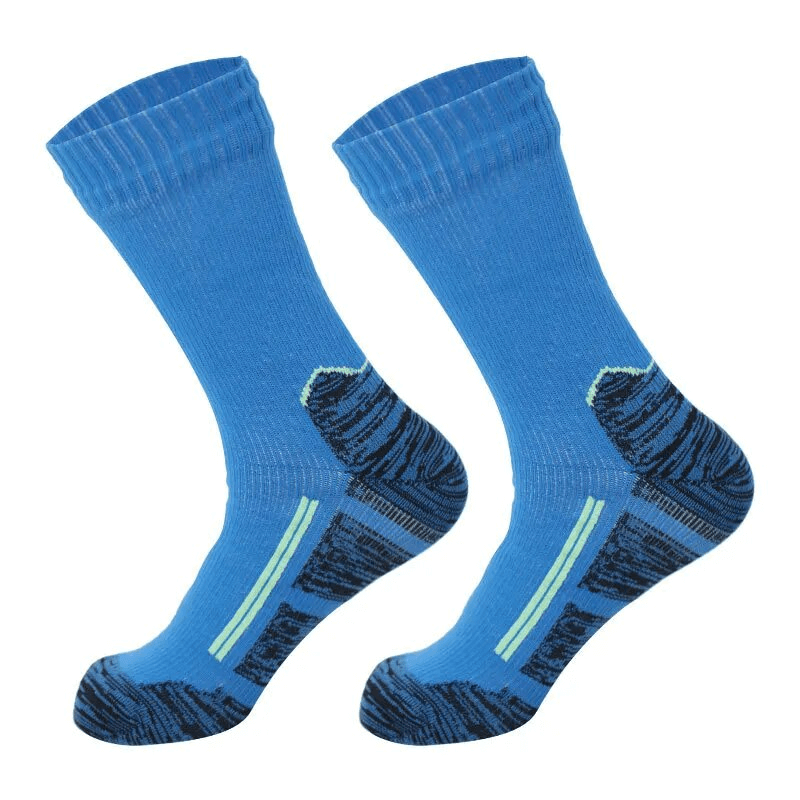 Blue waterproof knee-high socks for men and women, perfect for camping, hiking, and year-round use with breathable cotton and antibacterial feature.