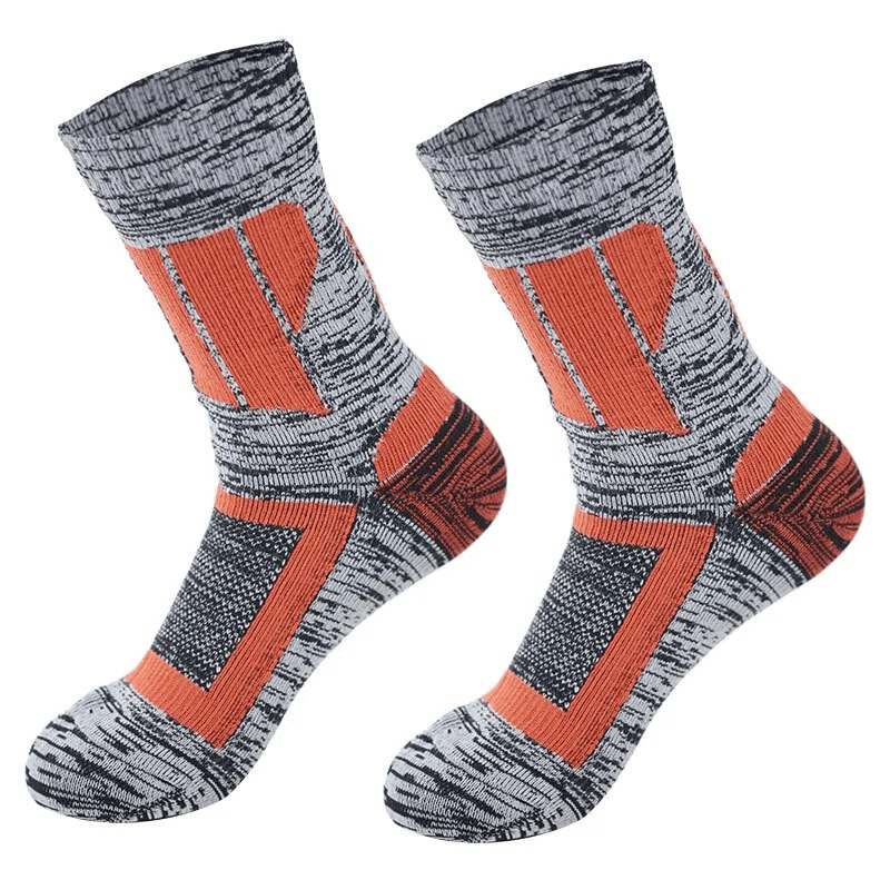 Warm unisex waterproof high socks SF1628, orange and gray with knee-high length, perfect for hiking and camping in any weather.