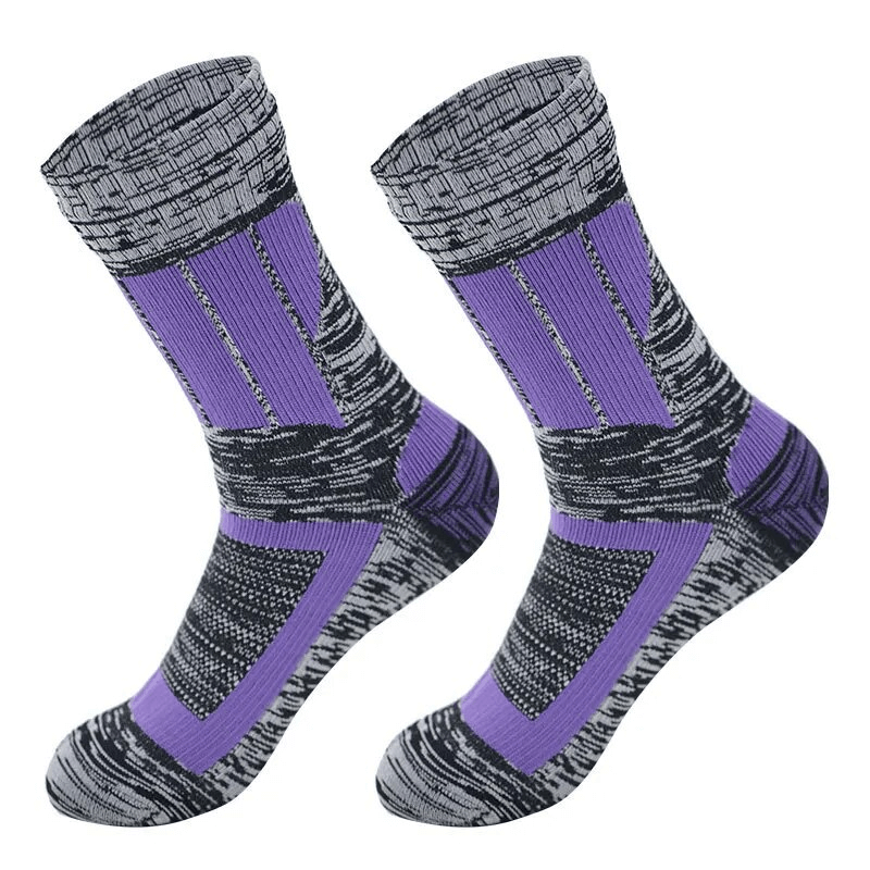 Warm waterproof high socks for men and women in gray and purple, designed for hiking and camping with breathable cotton and antibacterial features.