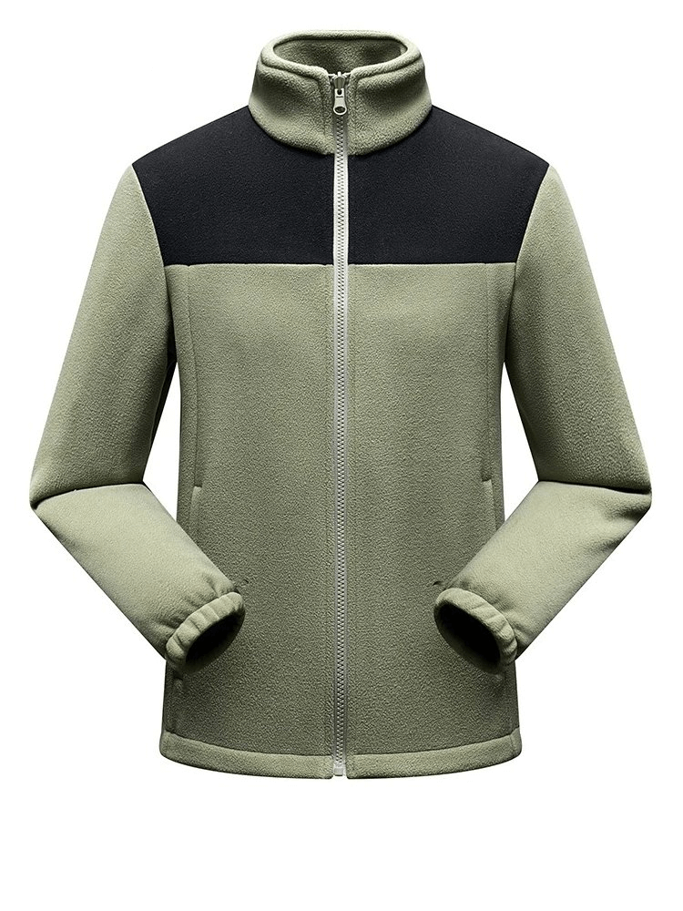 Unisex warm sports fleece jacket SF1889 with zip, olive green and black patchwork, perfect for cold weather activities.