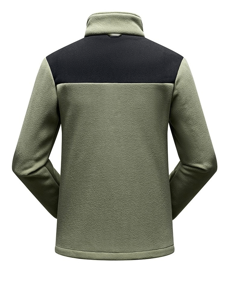 Warm sports fleece jacket with zip, unisex, olive and black patchwork design. Ideal for cold weather activities, SF1889 model.