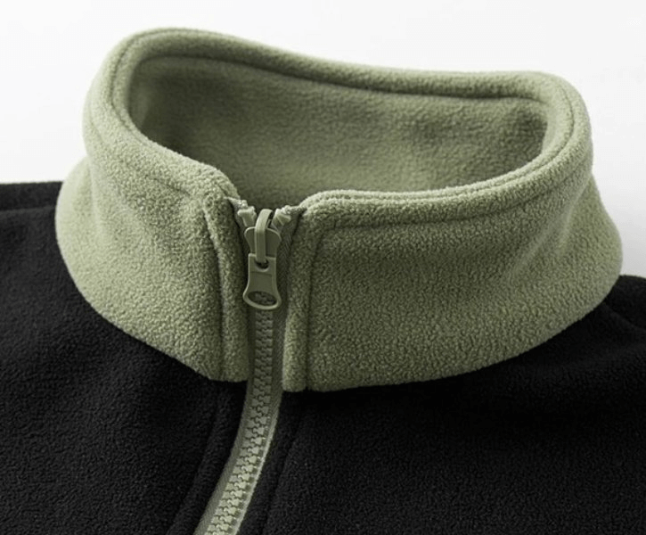 Warm sports fleece jacket with zip, unisex, patchwork design, close-up of collar and zipper, SF1889, casual outdoor wear.