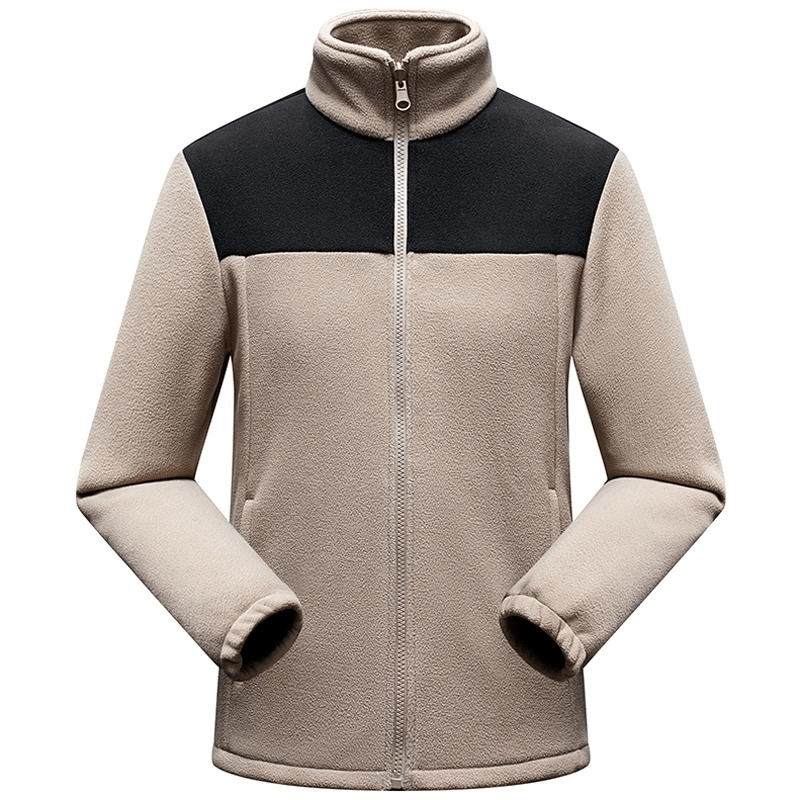 Unisex warm sports fleece jacket with zip, beige and black color, featuring durable polyester material and casual patchwork pattern.