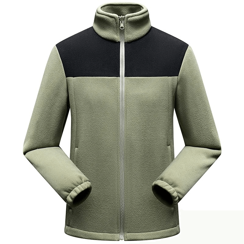 Unisex warm sports fleece jacket with zip, olive green and black, features patchwork pattern, ideal for cold weather activities. Model SF1889.