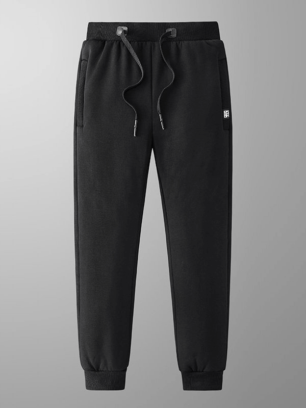 Black Warm Sports Men's Joggers Pants with cuffs, pockets, and drawstring; ideal for winter wear, SF1528 model.