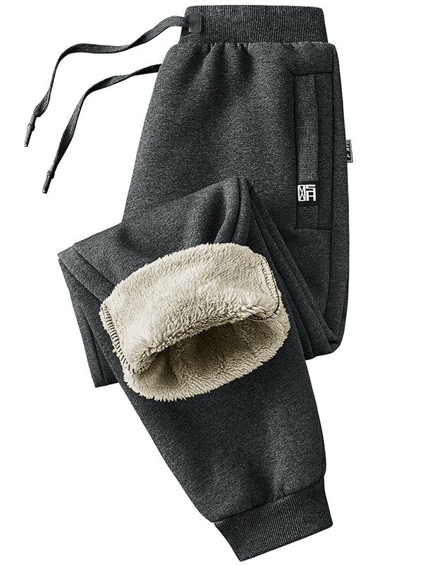 Warm Sports Men's Joggers Pants with fleece lining, cuffs, pockets, and drawstring in dark gray, SF1528.