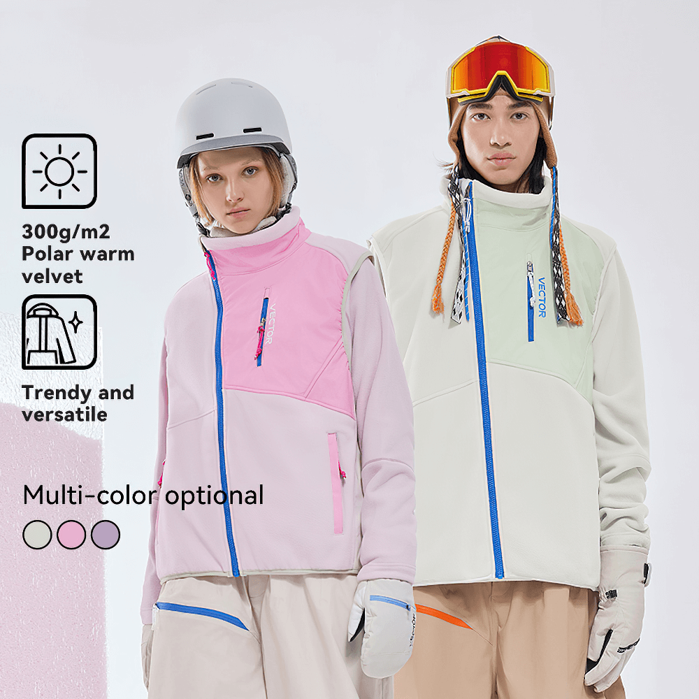 Two models wearing colorful unisex fleece vests for outdoor sports, showcasing versatility with stand collars and zip closures.