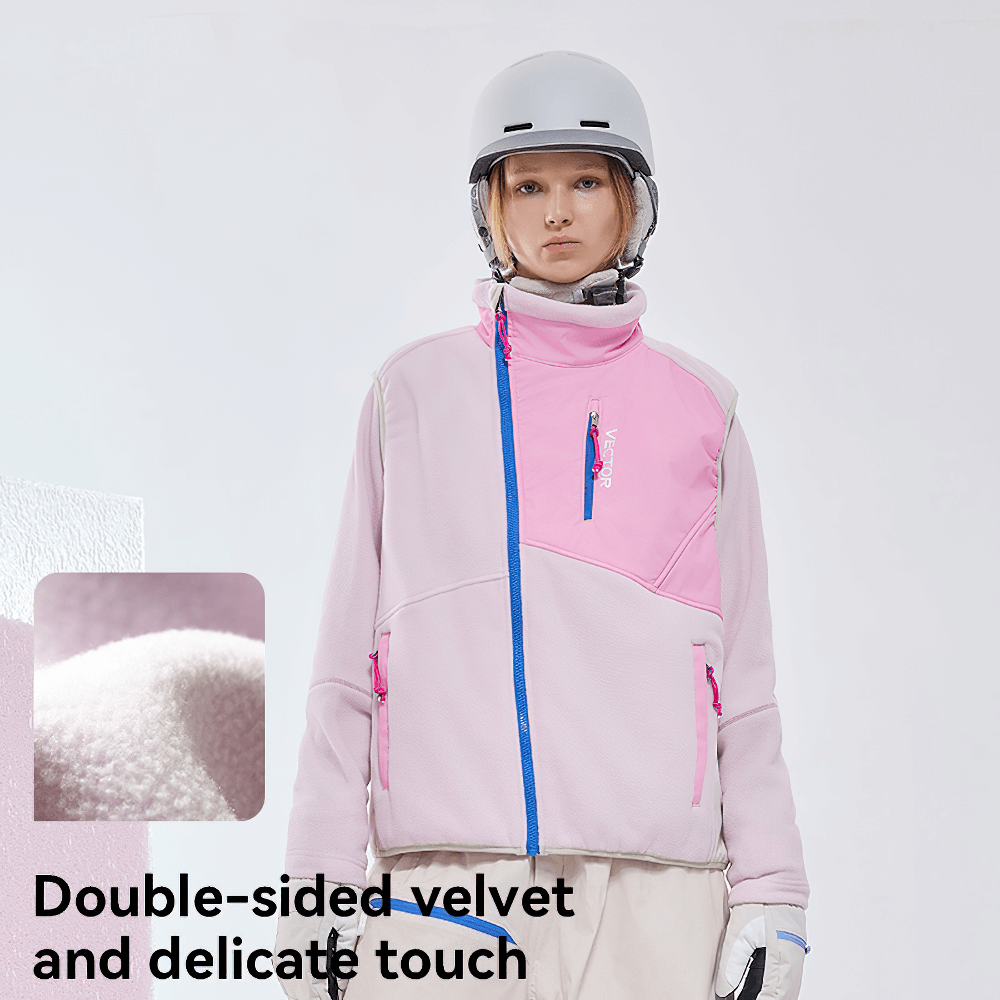 Pink fleece vest with stand collar, featuring double-sided velvet and delicate touch, ideal for outdoor sports like skiing and hiking.