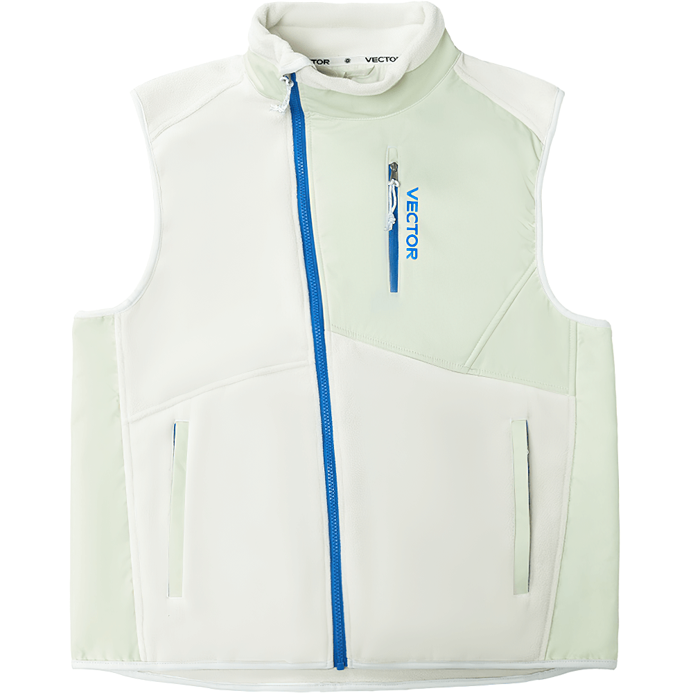 Unisex fleece vest for outdoor sports, featuring a stylish color clash design, stand collar, and zip closure, ideal for skiing and hiking.