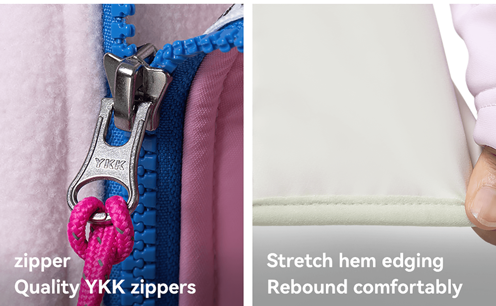 Close-up of YKK zipper and stretch hem edging on Color Clash Fleece Vest for optimal durability and comfort in outdoor sports.