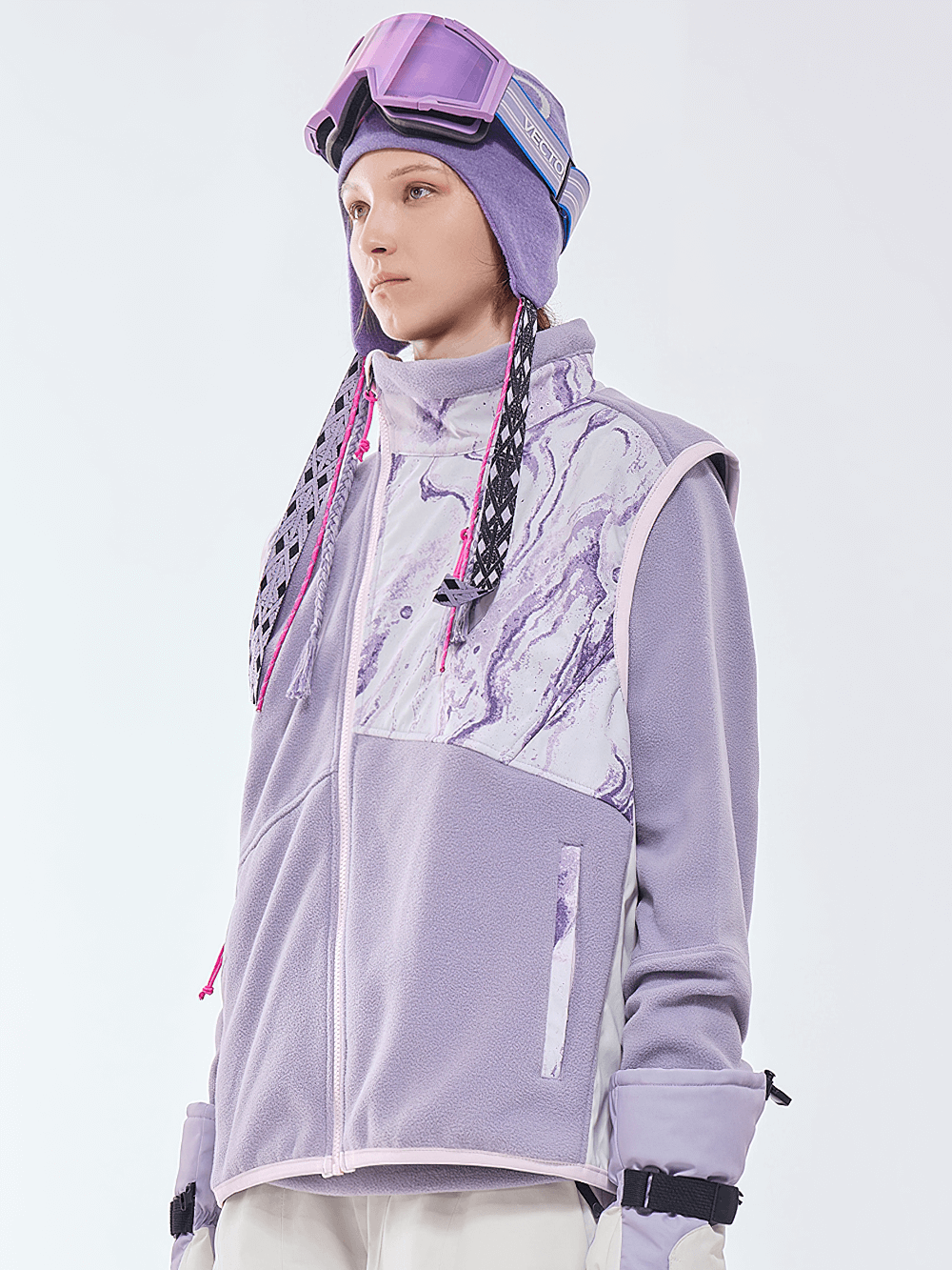 Unisex fleece vest in purple with marble print, ideal for skiing and hiking, featuring a stand collar and zip closure.