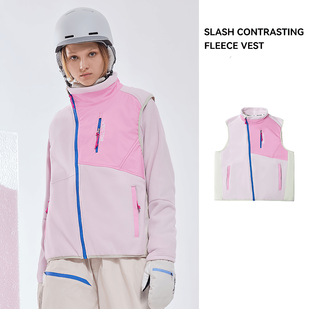 Person wearing a pink and white unisex fleece vest with stand collar, ideal for skiing and hiking. Features contrasting zipper accents.