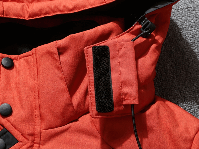 Close-up of the hood on a red Warm Windproof Waterproof Outdoor Sports Ski Suit with adjustable straps, SF1783 model.