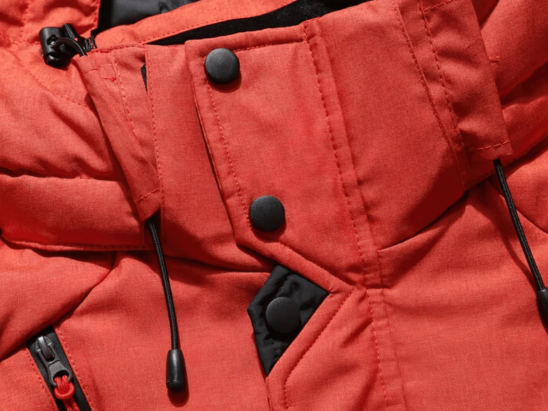 Close-up of Warm Windproof Waterproof Outdoor Sports Ski Suit SF1783 in bright red, showcasing detailed button craftsmanship.