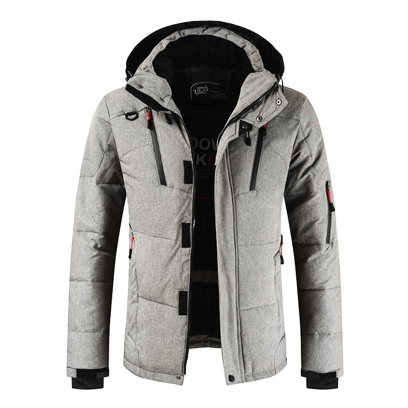 Warm windproof waterproof outdoor sports ski suit SF1783 in gray with hood.