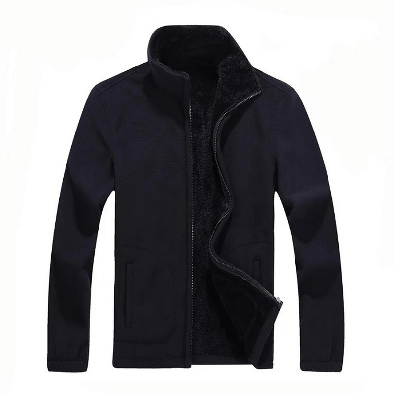 Black solid color men's jacket with stand collar, full-length sleeves, and zip closure, made of cotton for casual style and warmth.