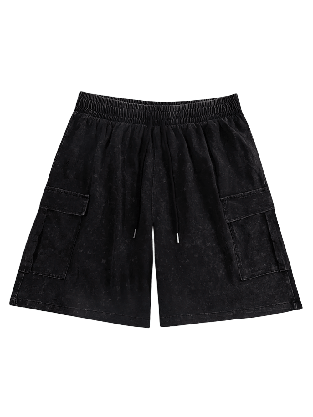 Washed Cargo Shorts with Drawstring Utility Pockets - SF4764 in black, featuring flap side pockets and relaxed fit.