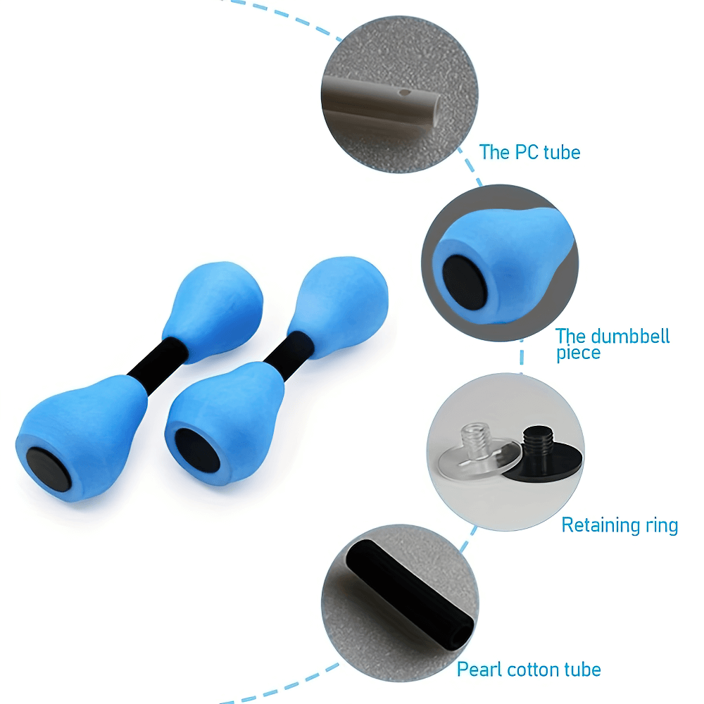 Blue water dumbbells for aquatic resistance training with PC tube, dumbbell piece, retaining ring, and pearl cotton tube details.