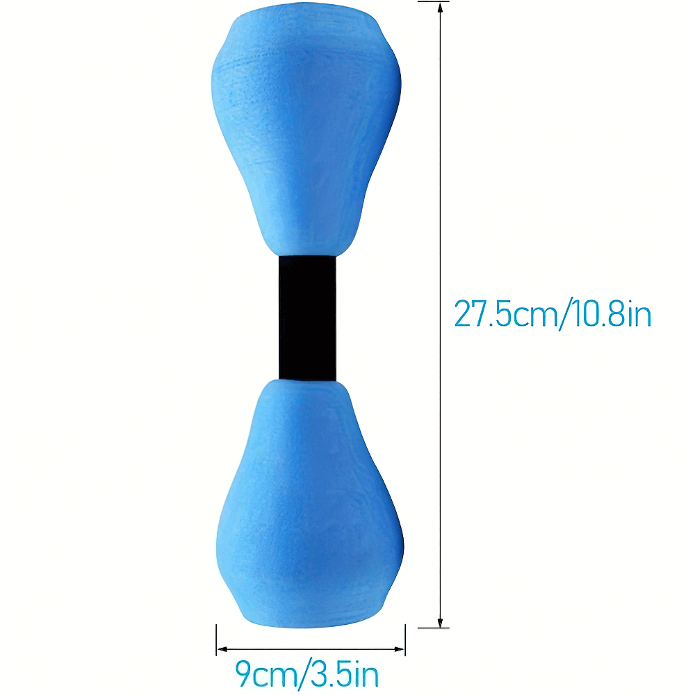 Blue water dumbbell with measurements, ideal for aquatic resistance training and pool workouts. Lightweight, ergonomic design for secure grip.