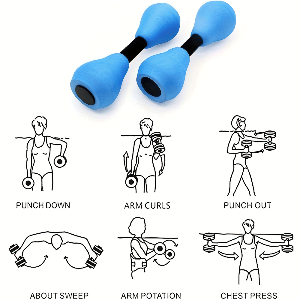 Blue water dumbbells for aquatic resistance training with exercise illustrations for punch down, arm curls, punch out, and more.