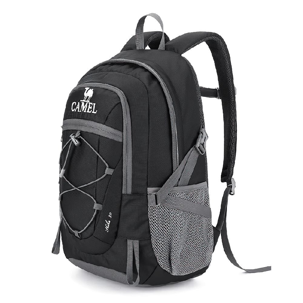 Black water-repellent 30L lightweight hiking backpack with multiple compartments and adjustable straps for travel and sports.