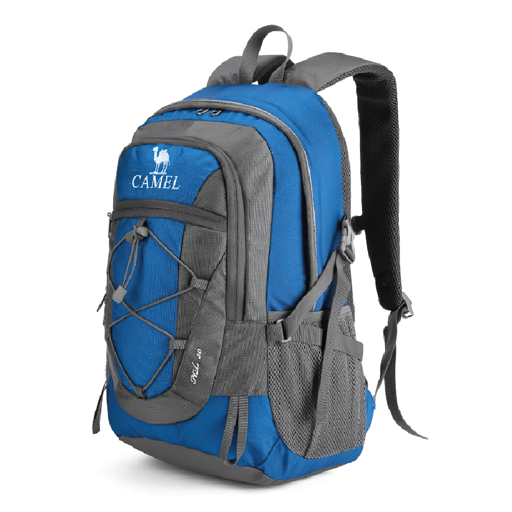 Blue and grey 30L lightweight hiking backpack with water-repellent microfiber fabric, featuring multiple compartments and ergonomic design.