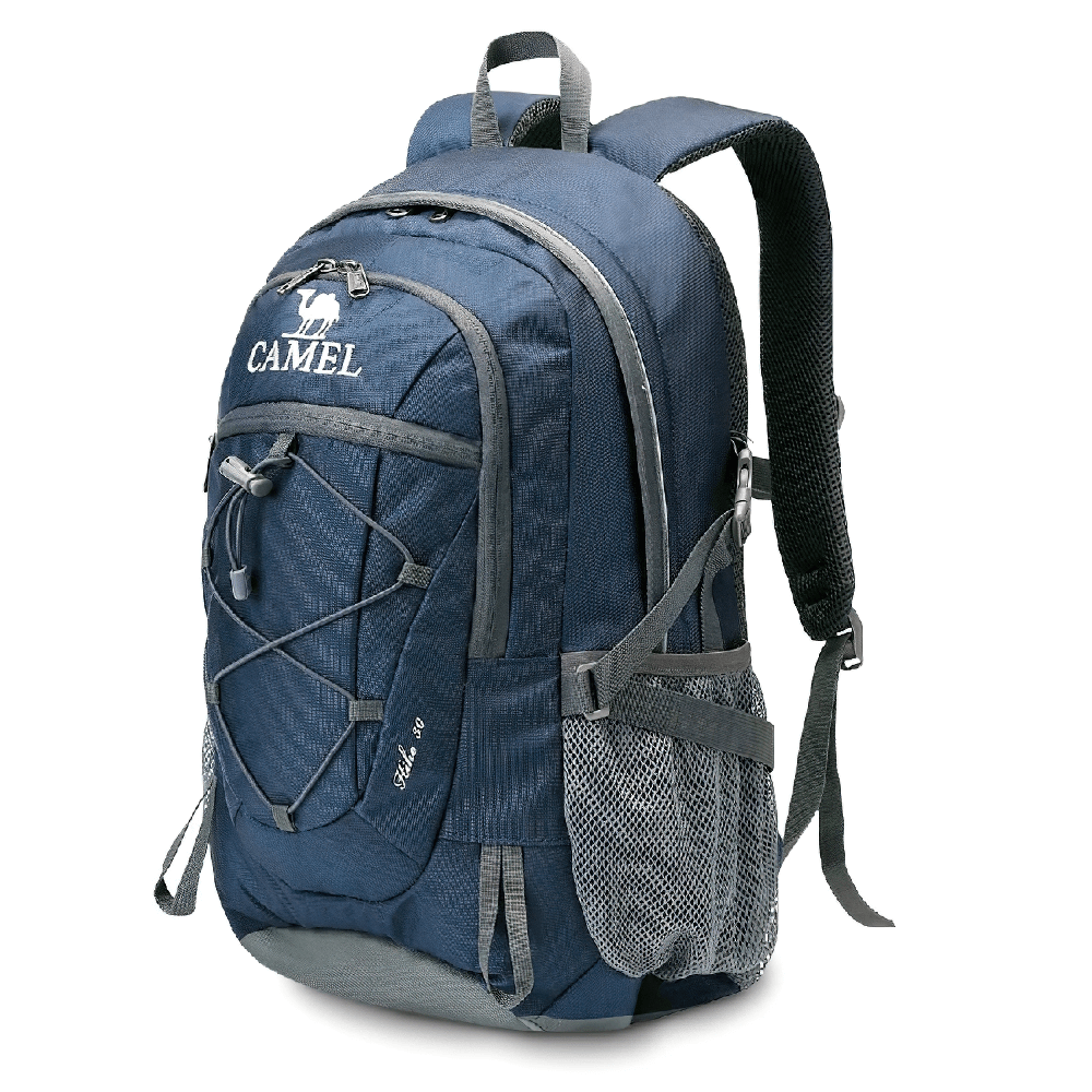 Alt Tag: Blue water-repellent lightweight hiking backpack with multiple compartments and ergonomic design, perfect for travel and sports.