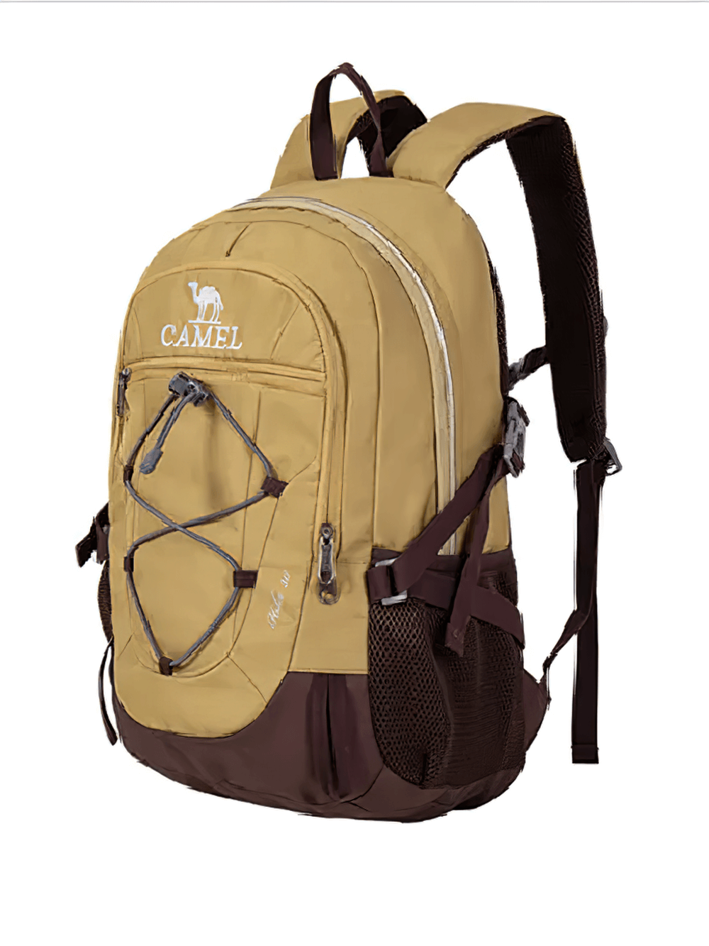 Yellow and brown water-repellent 30L lightweight hiking backpack SF2294 with multiple compartments and ergonomic design for travel and sports.