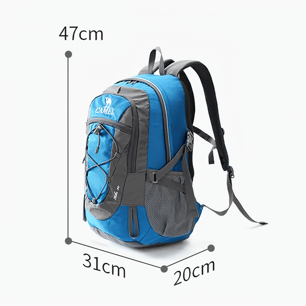 Blue and grey 30L water-repellent hiking backpack with multiple compartments and ergonomic design, dimensions 47x31x20 cm