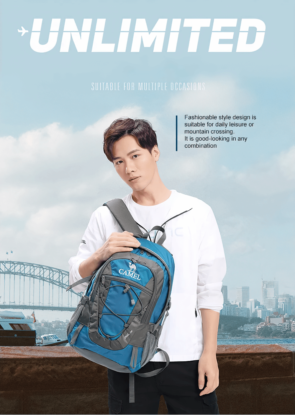 Model holding blue hiking backpack with cityscape background, showcasing versatile style for outdoor and travel adventures.