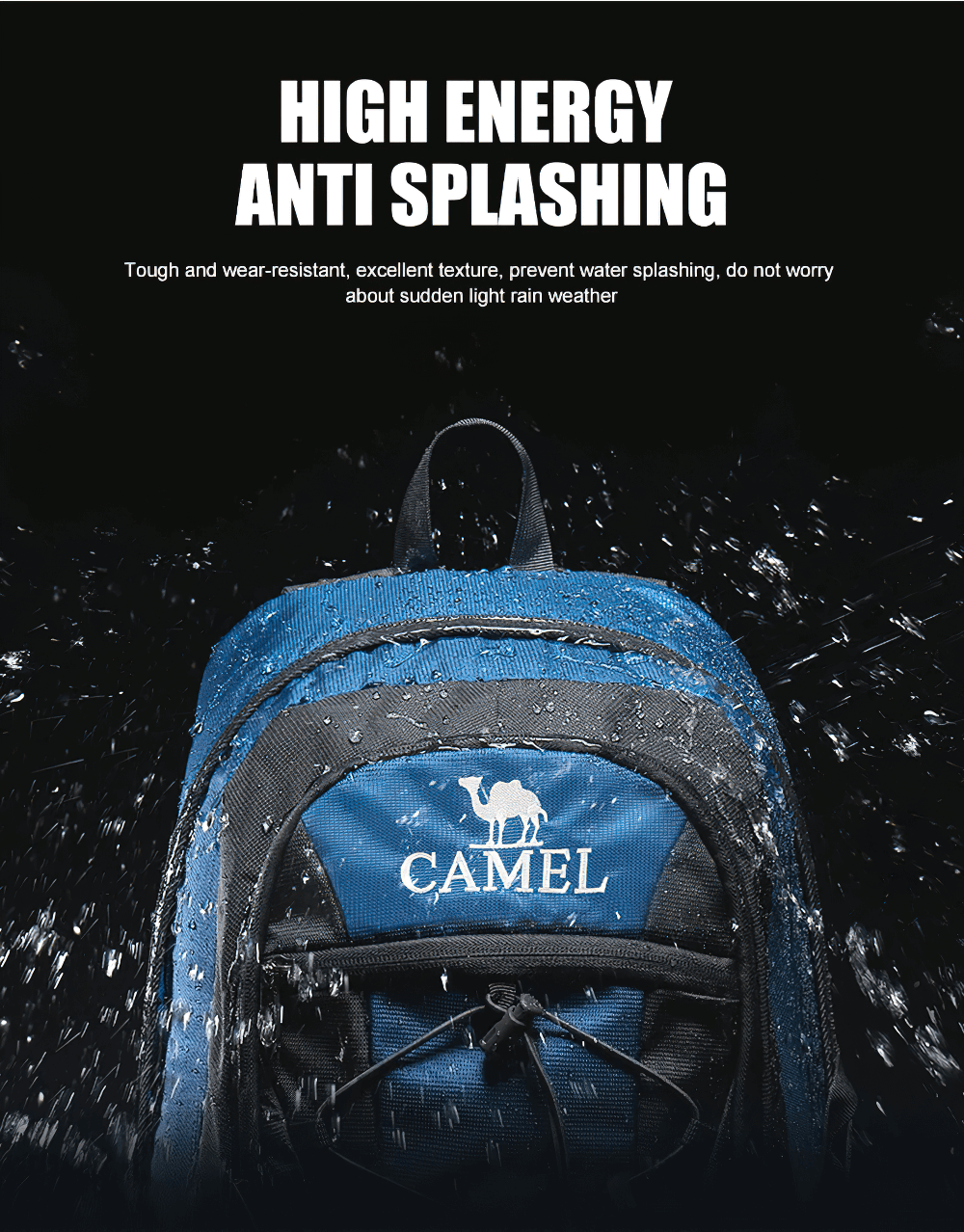 Water-repellent blue hiking backpack SF2294, showcasing anti-splash feature, perfect for outdoor adventures in rain.