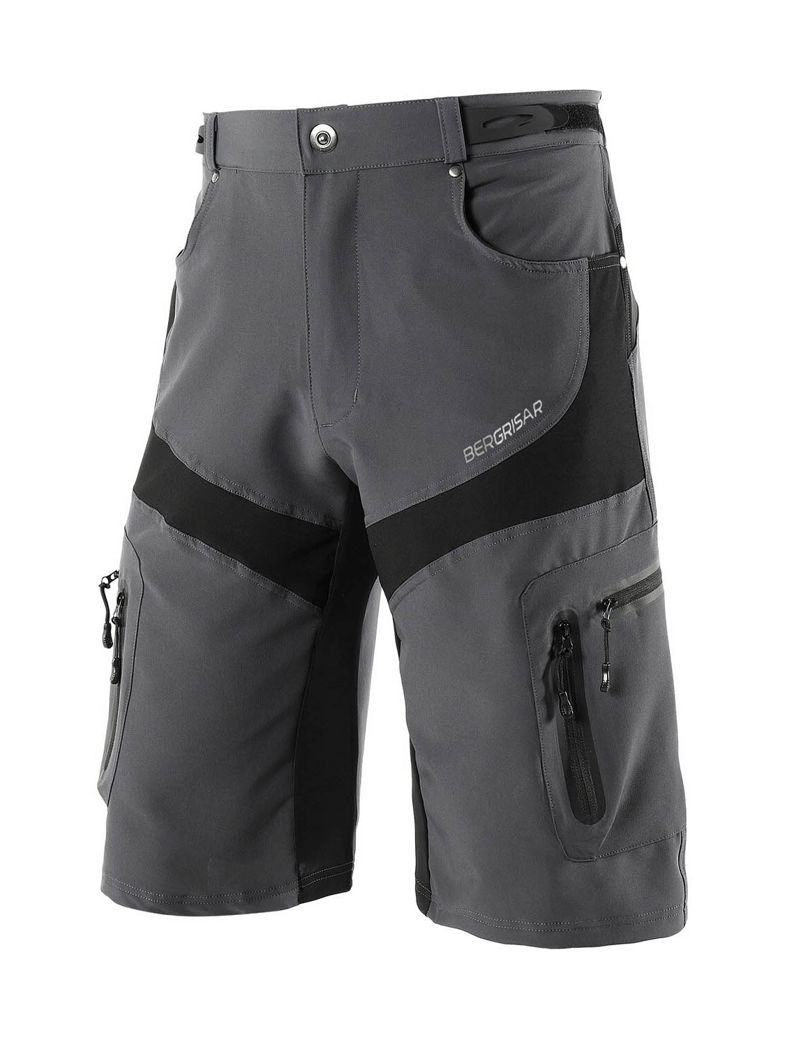 Water resistant downhill mountain bike shorts with pockets, quick dry, and reflective detailing in grey with black accents.
