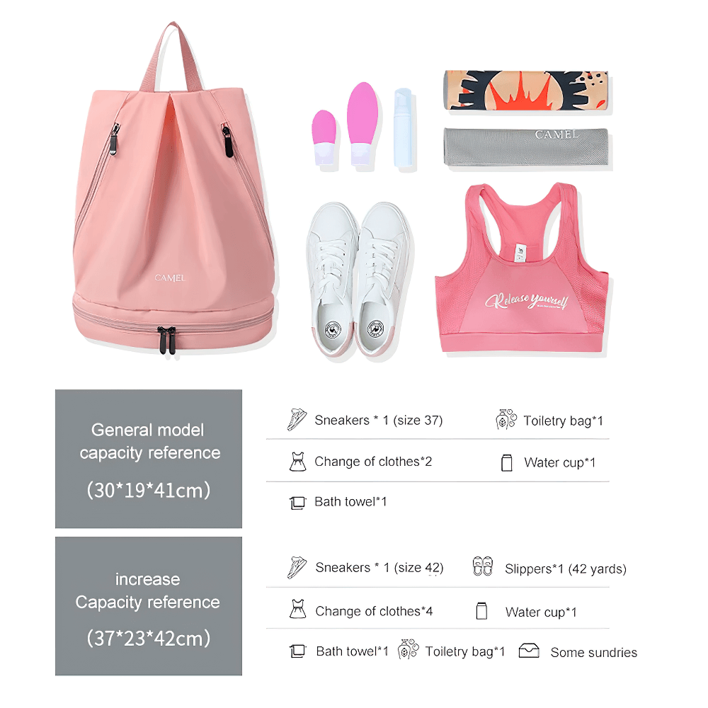 Pink waterproof backpack with dry and wet compartments, gym gear, sneakers, and toiletries, ideal for active lifestyles and travel.