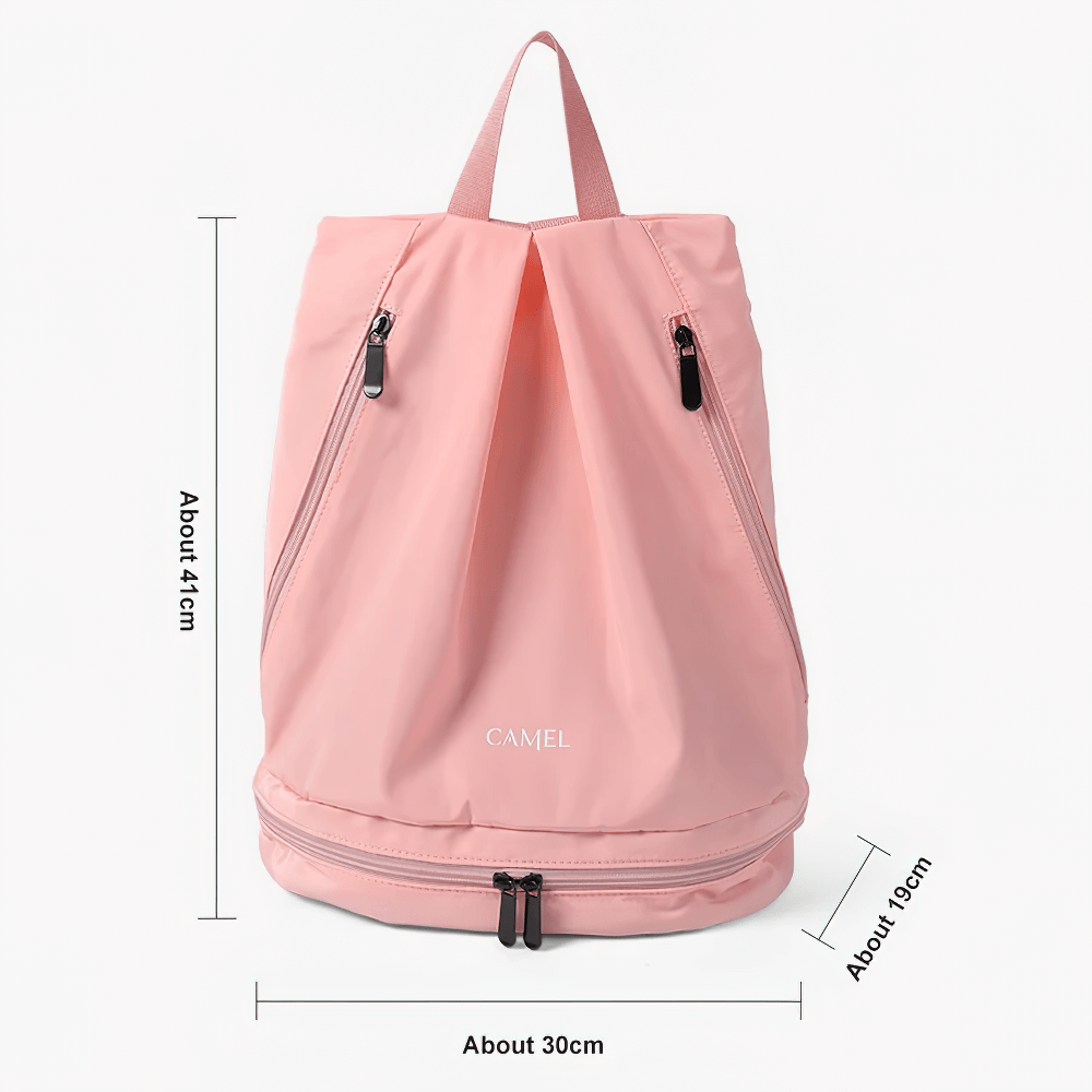 Pink waterproof backpack with dry and wet separation, 25L capacity, ideal for gym, swimming, and outdoor adventures.